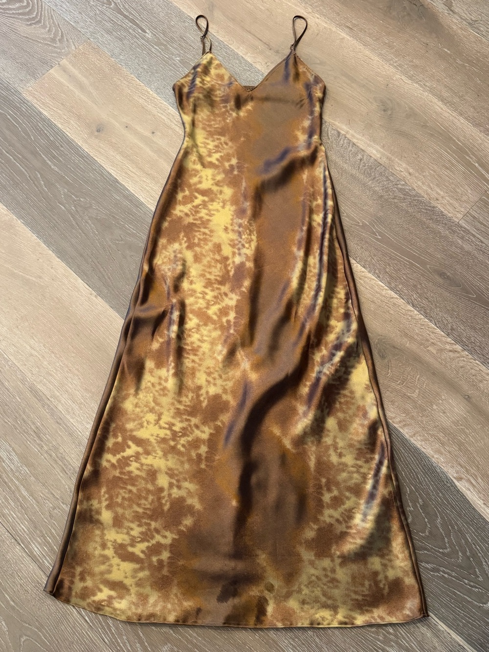 Zara Brown and Gold Marble Satin Maxi Slip Dress